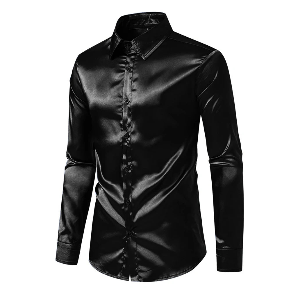 Men's Casual Satin Silk Shirts Single Breasted Button Lapel Collar Dress Shirt Slim Fit Fashion Party Long Sleeve Tops Clothing