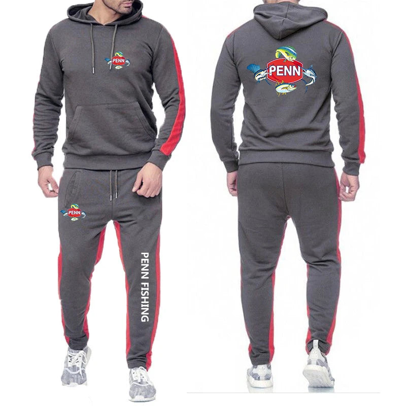 2024 Men's New Penn Fishing Reel Spring and Autumn Solid Color Sweatshirt Set Casual Long-sleeved Hoodies Pants Two Piece Suit