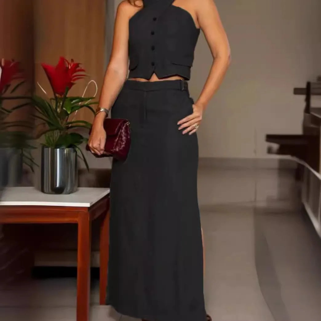 Elegant Dress Sets for Women Fashion Sleevelees Crop Vest and High Waist Maxi Skirts Two Pieces Office Ladies Temperament Outfit