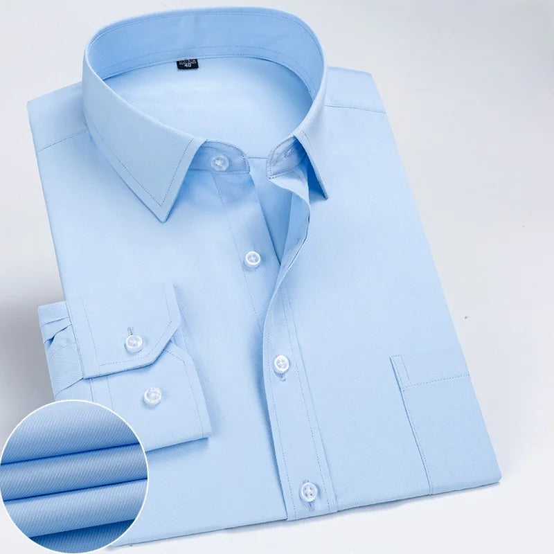 Business Dress Shirt Men's Long-sleeve Autumn Spring Fashion Solid Casual Formal White Work Office Simple Basic Man Clothe S-7XL
