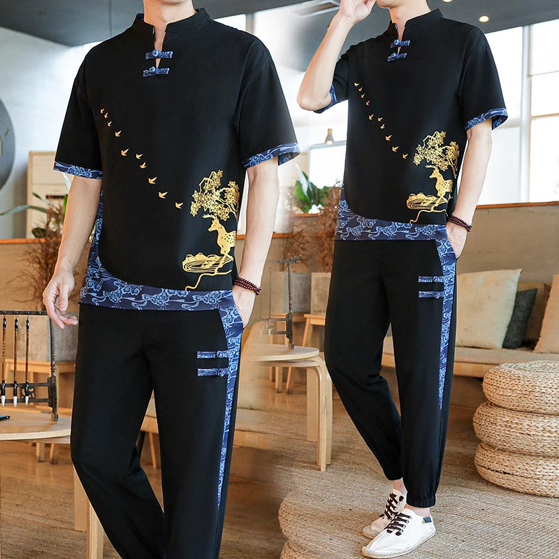 Shirts + Pants summer Cotton linen shorts sleeve shirts Men's Casual Sets Male Fashion trousers and shirts men size M-4XL TZ020
