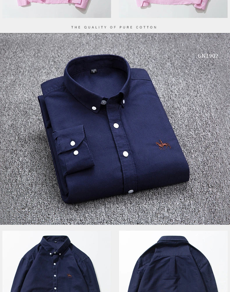 Cotton Oxford Shirt For Men Long Sleeve Plaid Striped Casual Shirts Male Pocket Regular-Fit Button-Down Work Man Dress Shirt
