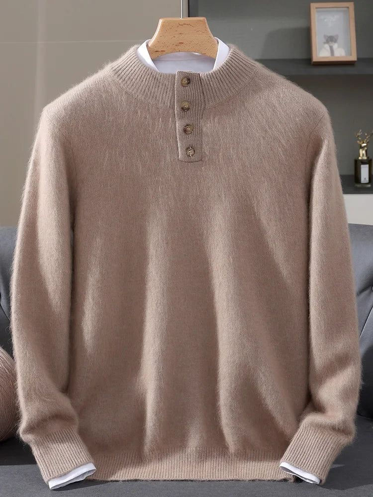 Men 100% Mink Cashmere Sweater Mock Collar Pullover with Button Autumn Winter Thicken Knitwear Smart Casual Skin Kindly Clothing