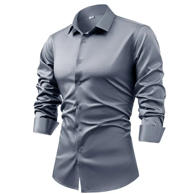 2025 Spring Autumn Royal Blue Silk Satin Long-sleeved Dress Shirts for Men, Navy Blue Business Casual Non-iron Wrinkle Camisas