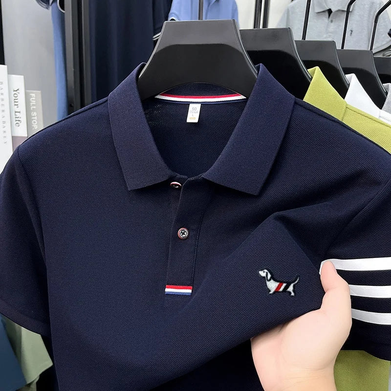 100% Cotton Summer Men's Short-Sleeved Polo Shirt Lapel Button Striped Print Business Casual Golf High-Quality Men's Clothing