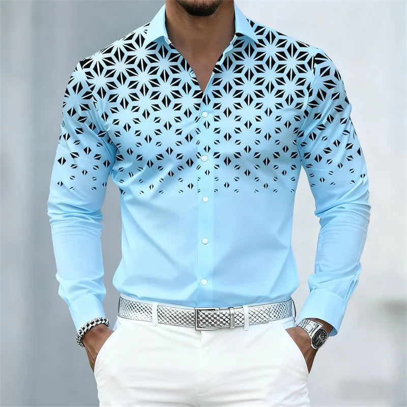 17 Colors of Men's Shirts, Fashionable Geometric Pattern Print Long Sleeve Shirts, Personalized Trendy Slim Lapel Casual Shirts