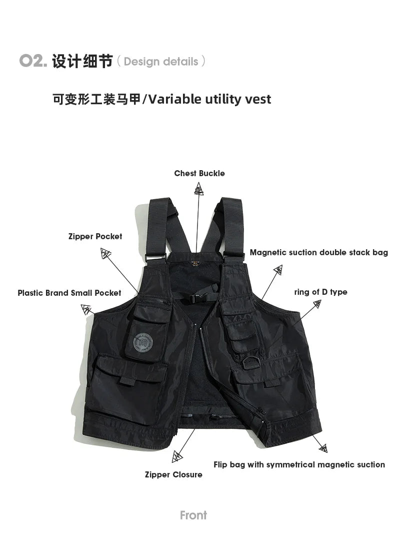 Maden Men Multi-pocket Tactical Vest Jacket & Bag Japan Retro Multi-function Photography Waistcoat Wide Shoulder Strap Solid Bag
