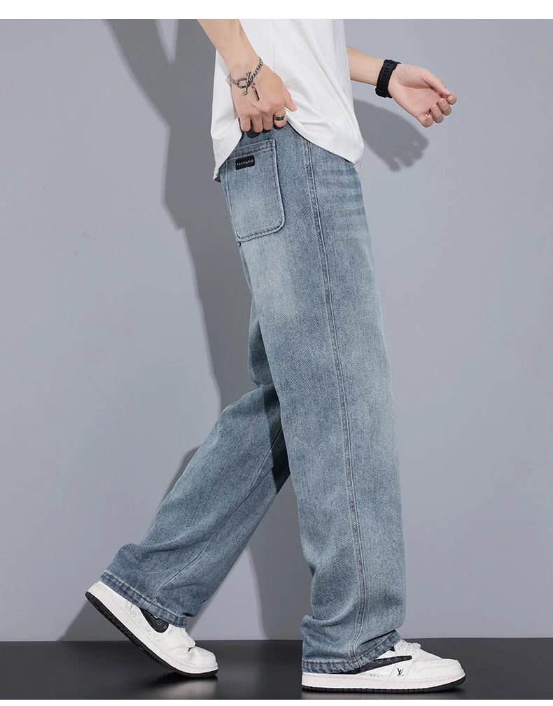 Autumn Casual Men's Straight Jeans Fashion Loose Vintage Elastic Waist Trousers Light Blue Personality Wide Pants Denim Male