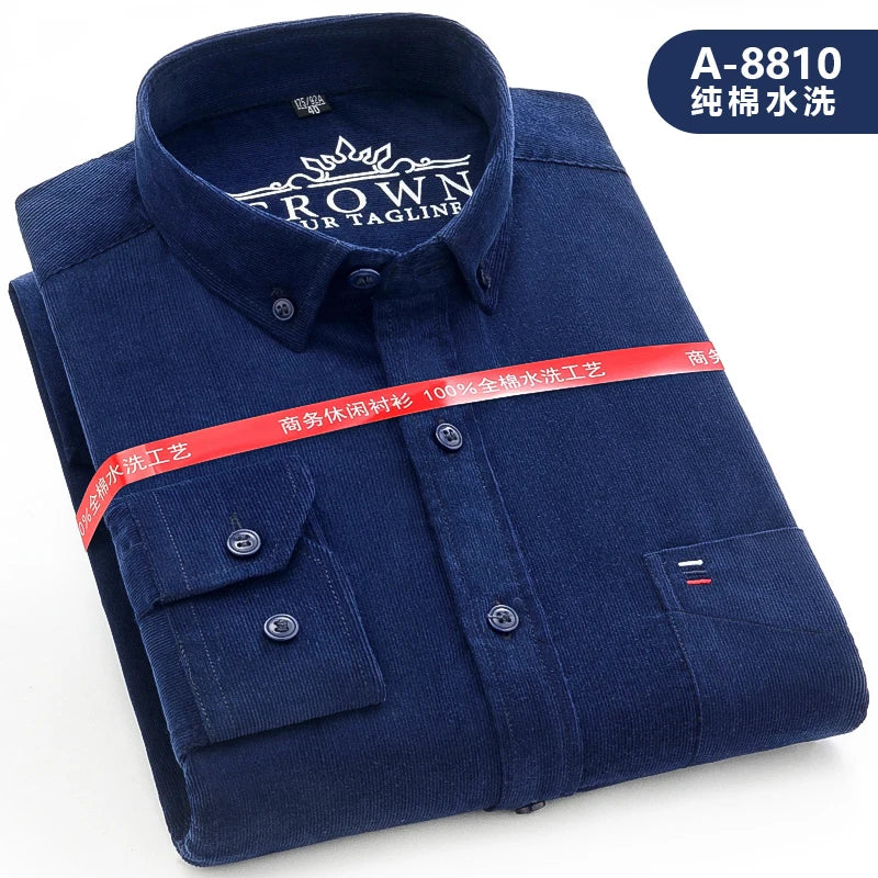 Cotton Corduroy Warm Shirts For Men New Autumn Winter Fashion Solid Color S-7XL Businessman Long Sleeve Smart Dress Casual Shirt