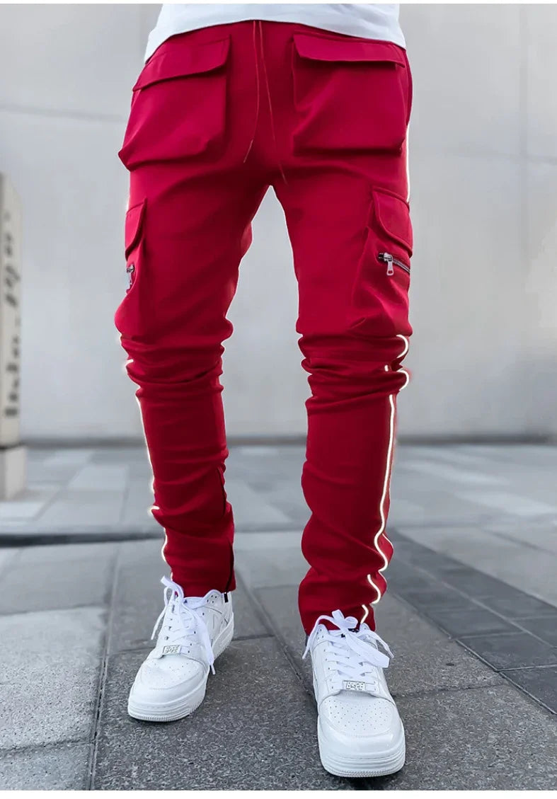 Summer Men's Jogging Sports Pants Multi-Pocket Sweatpants Running Trousers Men's Casual Joggers Cargo Reflective Hip Pop Pants