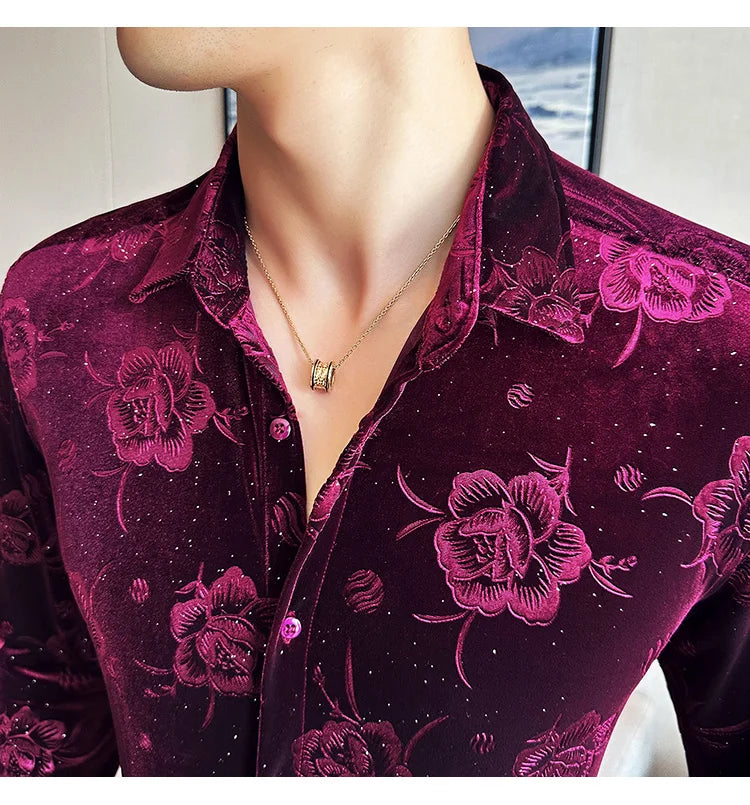 Men's Long Sleeve Velvet Flower Shirt New Luxury Printed Business Casual  Dress Shirts Formal Social Party Turn Down Collar Tops