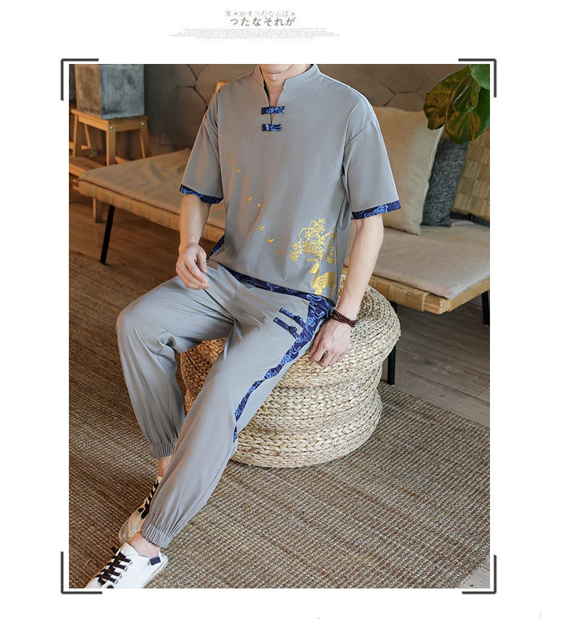 Shirts + Pants summer Cotton linen shorts sleeve shirts Men's Casual Sets Male Fashion trousers and shirts men size M-4XL TZ020