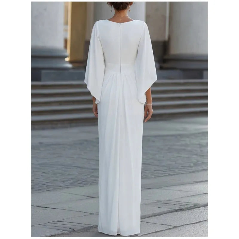 Elegant Evening Party Dress For Woman Simple Solid Color Deep V-neck High Waisted Vestidos Fashion Batwing Sleeve Long Dresses