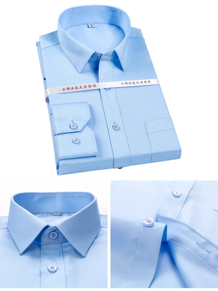 Men's Non Iron Standard-fit Solid Basic Dress Shirt Formal Business Premium 100% Cotton Male Long Sleeve Work Office Shirts
