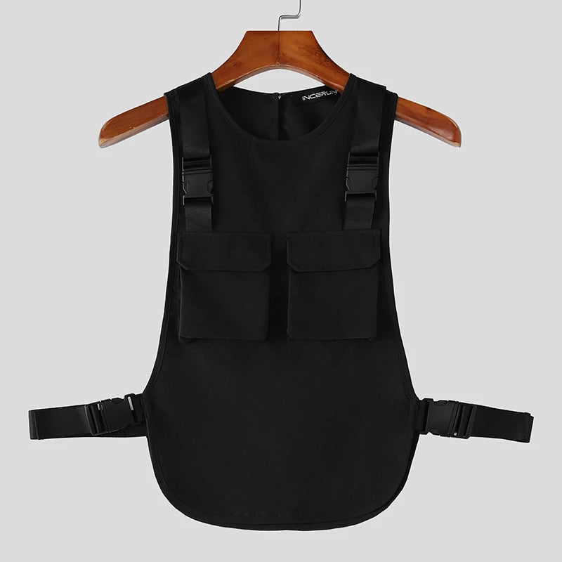 INCERUN Men's Tank Tops Solid Color O-neck Sleeveless Pockets Male Vests Summer Streetwear Loose 2026 Fashion Casual Men Clothes