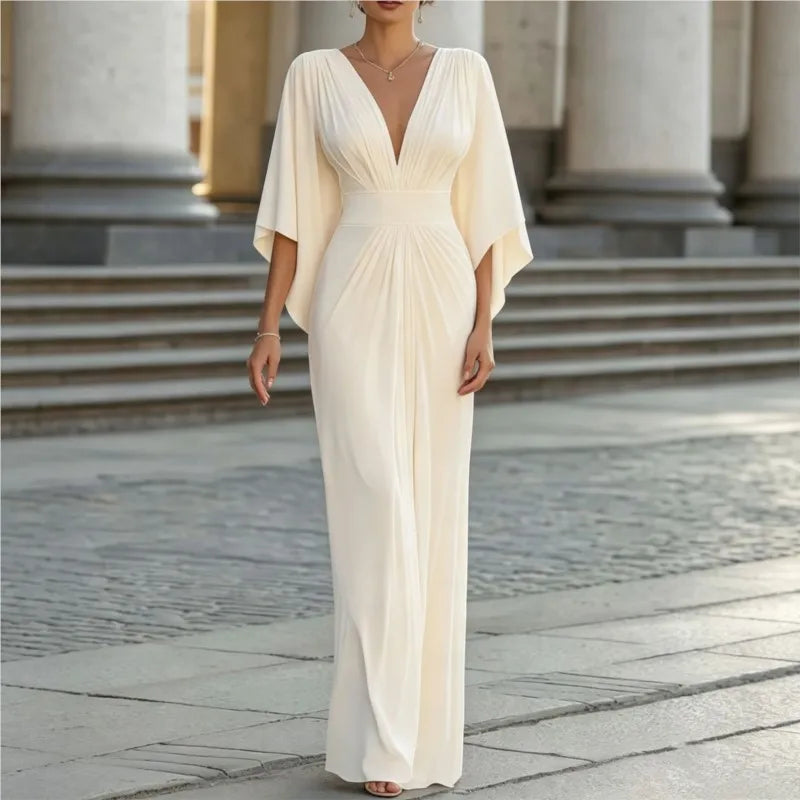 Elegant Evening Party Dress For Woman Simple Solid Color Deep V-neck High Waisted Vestidos Fashion Batwing Sleeve Long Dresses