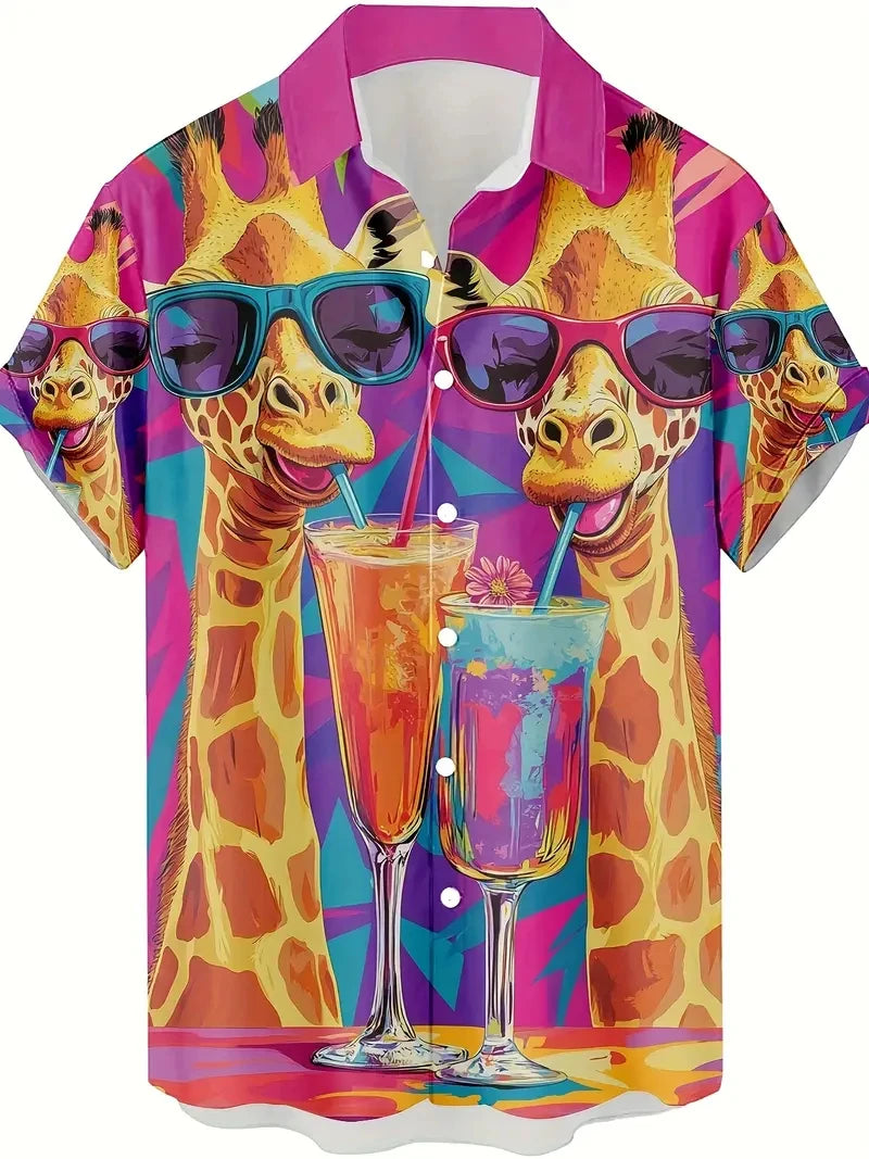Men's Fashion 3D Printed 2025 Casual Hawaiian Shirts Funny Monkey Giraffe Cat Graphic Blouses Short Sleeve Button Shirt Tops