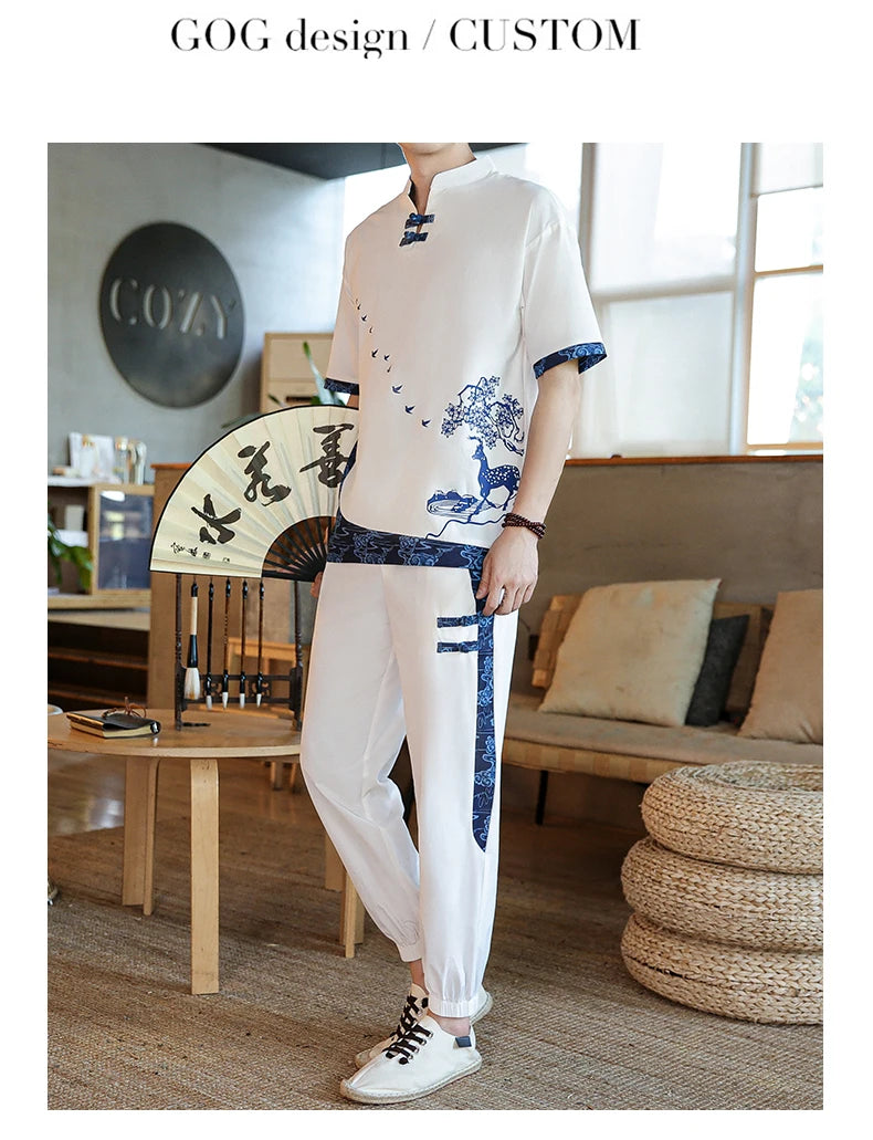 Shirts + Pants summer Cotton linen shorts sleeve shirts Men's Casual Sets Male Fashion trousers and shirts men size M-4XL TZ020