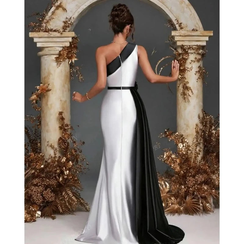 Women's Black White Evening Dress 2026 One Shoulder Flowers Ball Gown Silt Satin Formal Party Dress Vestdos De Fiesta Customized