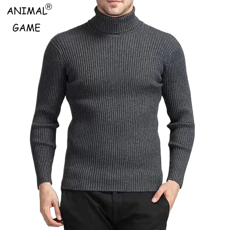 New Men's Turtleneck Sweaters Autumn Knitted Striped Streetwear Warm Long Sleeved Pullover Breathable Solid Color Basic Coat