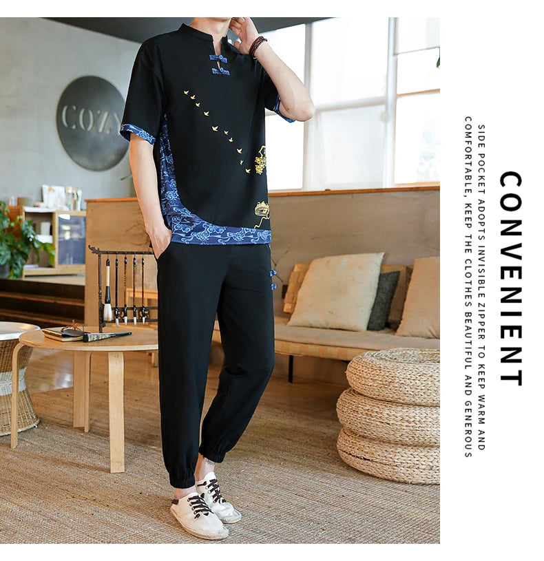 Shirts + Pants summer Cotton linen shorts sleeve shirts Men's Casual Sets Male Fashion trousers and shirts men size M-4XL TZ020