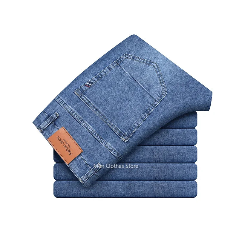 2026 Summer Thin Men's Cotton Jeans New Fashion Gray Elastic Straight Business Casual Pants Comfortable Brand Trousers