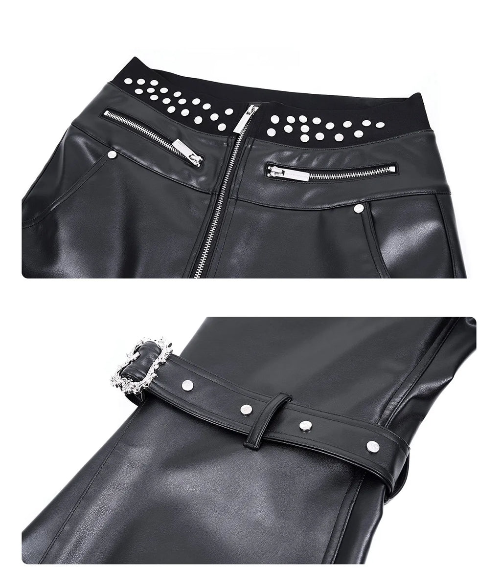 Mauroicardi Spring Autumn Cool Handsome Long Black Pu Leather Flare Pants for Men Rivet Luxury Designer Alternative Emo Clothes