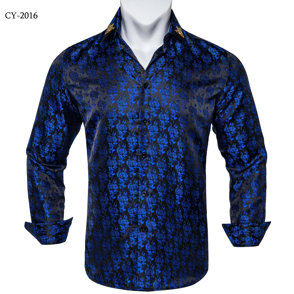Brand New Men's Royal Blue Business Shirts Luxury Fashion Paisley Long Sleeve Turn-Down Collar Social Shirt Male Casual Blouse