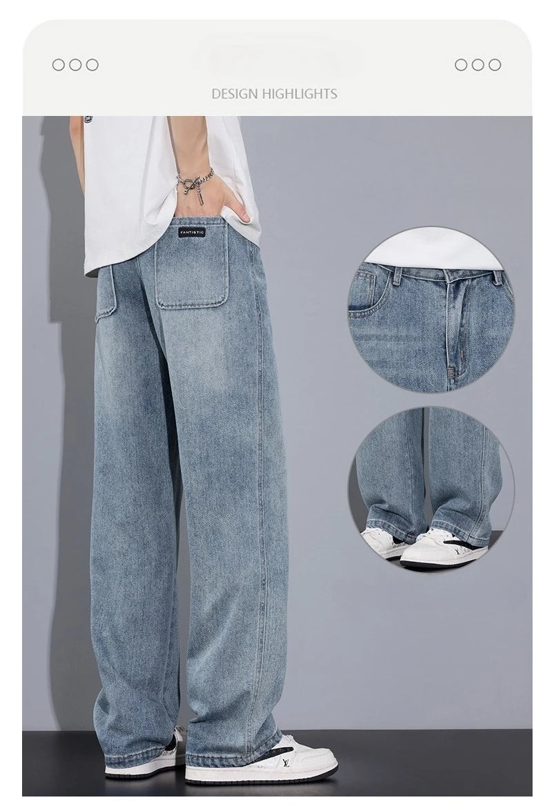 Autumn Casual Men's Straight Jeans Fashion Loose Vintage Elastic Waist Trousers Light Blue Personality Wide Pants Denim Male