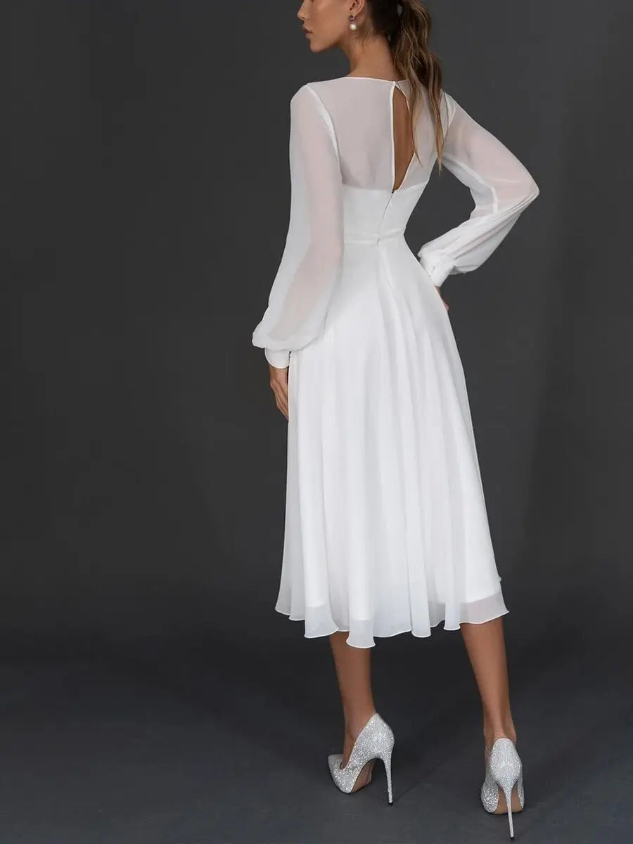 Long Dress Women Wedding V Neck Sexy Full Sleeve High Waist Solid A Line Mid Length Dresses Simple Elegant Gown Vestidos