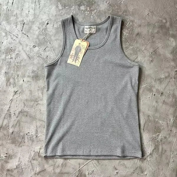 Retro Ribbed Knitted Pure Cotton Fitness Tank Top Men's Summer Tight Fit Elastic Sportswear White Base Layer Vest Sweat Absor...