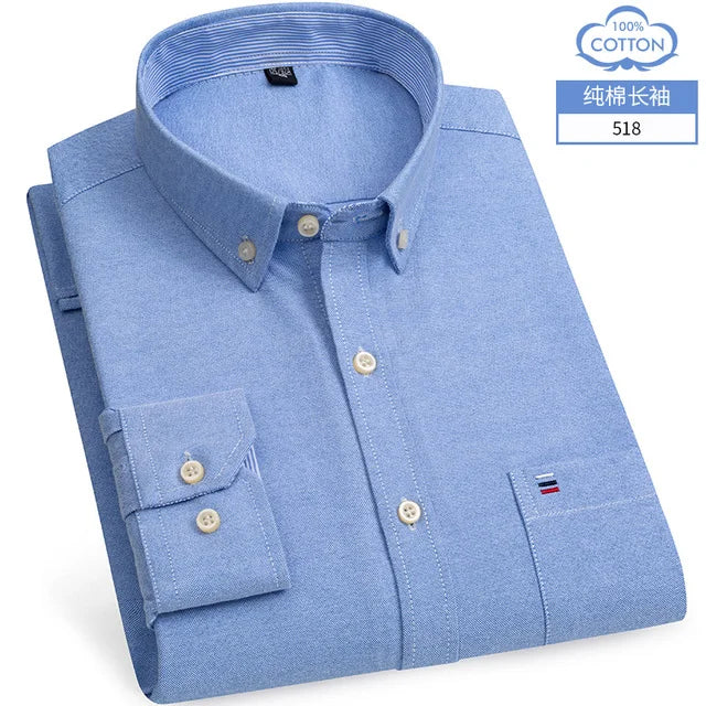 Cotton Oxford Shirt For Men Long Sleeve Plaid Striped Casual Shirts Male Pocket Regular-Fit Button-Down Work Man Dress Shirt