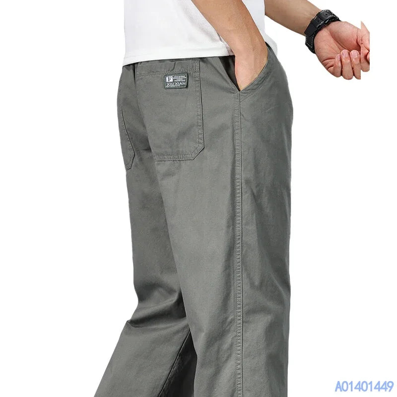 Big Size Mens Casual Pants Relaxed Fit Cotton Trousers Elastic Waist Drawstring Sweatpants Mens Jogger Pants Summer Spring