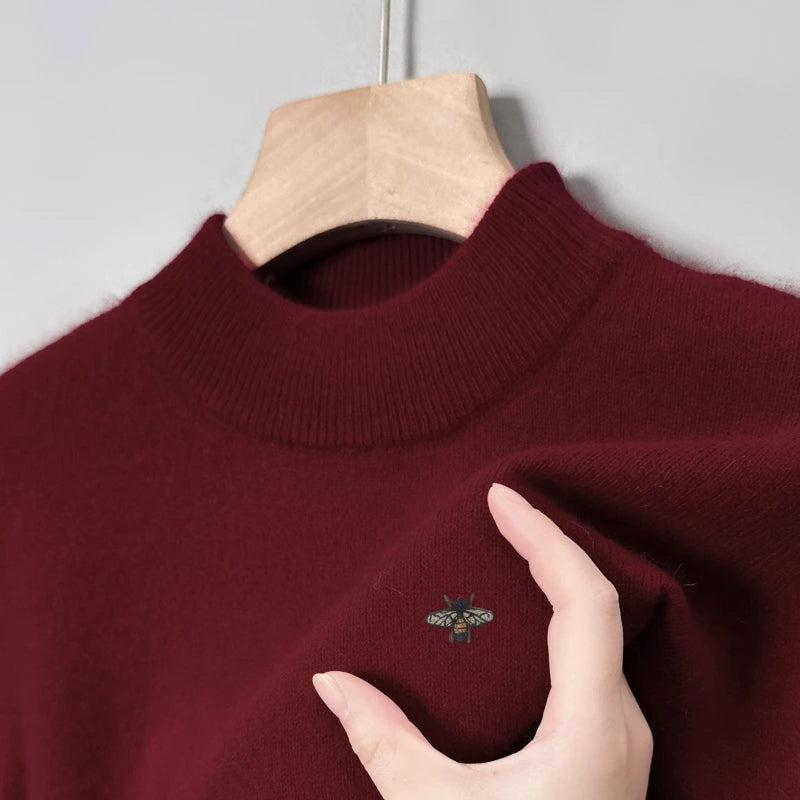 Hot Sale Luxury Brand Men's Sweater Mock-Neck Bee Embroidery Pullover Soft Warm Fashion Exquisite Thick Autumn Winter Men's Wear