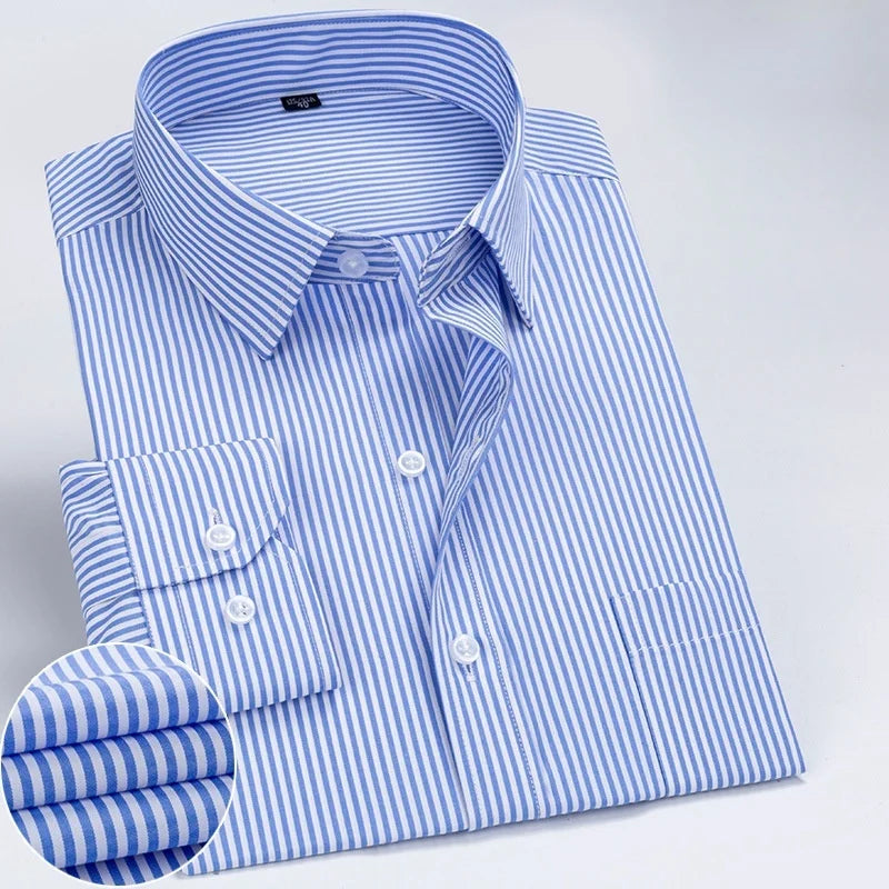 Business Dress Shirt Men's Long-sleeve Autumn Spring Fashion Solid Casual Formal White Work Office Simple Basic Man Clothe S-7XL