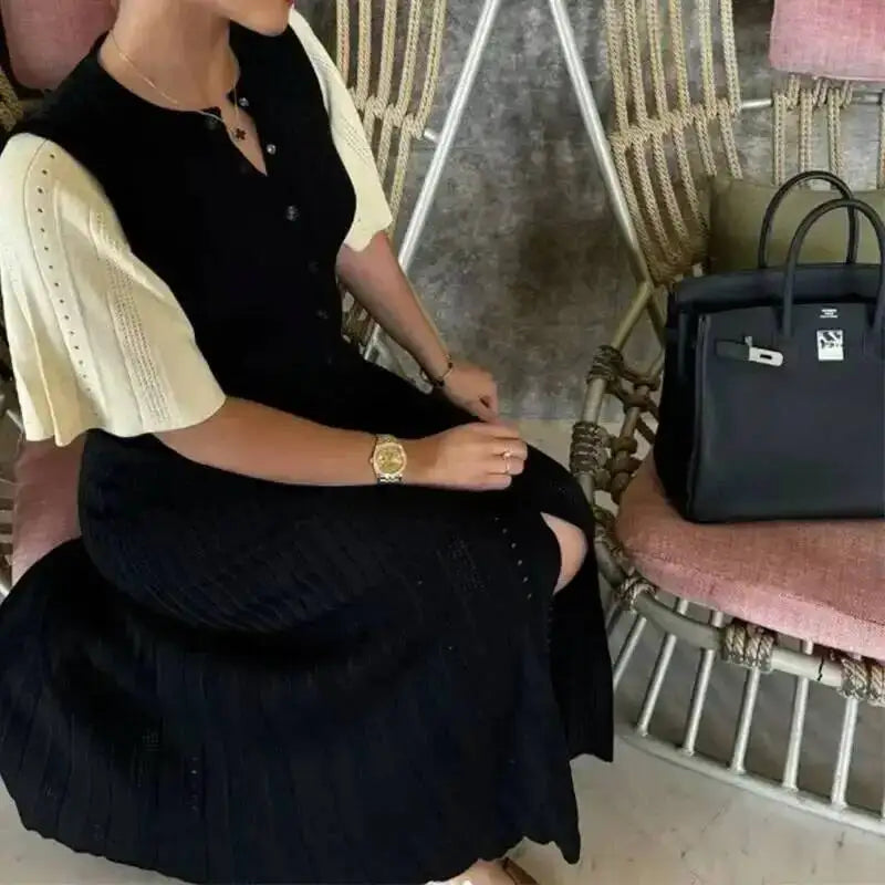Elegant Knit Dress For Women White Slim O-neck Single Breasted Short Sleeve Long Dresses Female Spring Fashion Lady Robe T88X