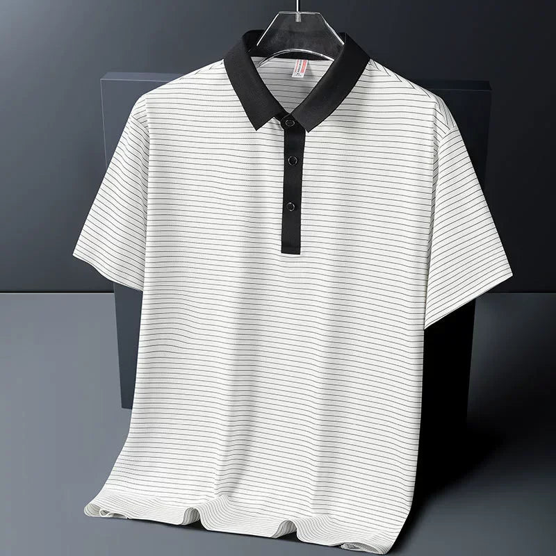 Men's Polo Shirt Summer New Lapel Men's Short Sleeve Polo Shirt Striped Ice Silk Business Casual Men's Polo Shirt M-6XL 7XL 8XL