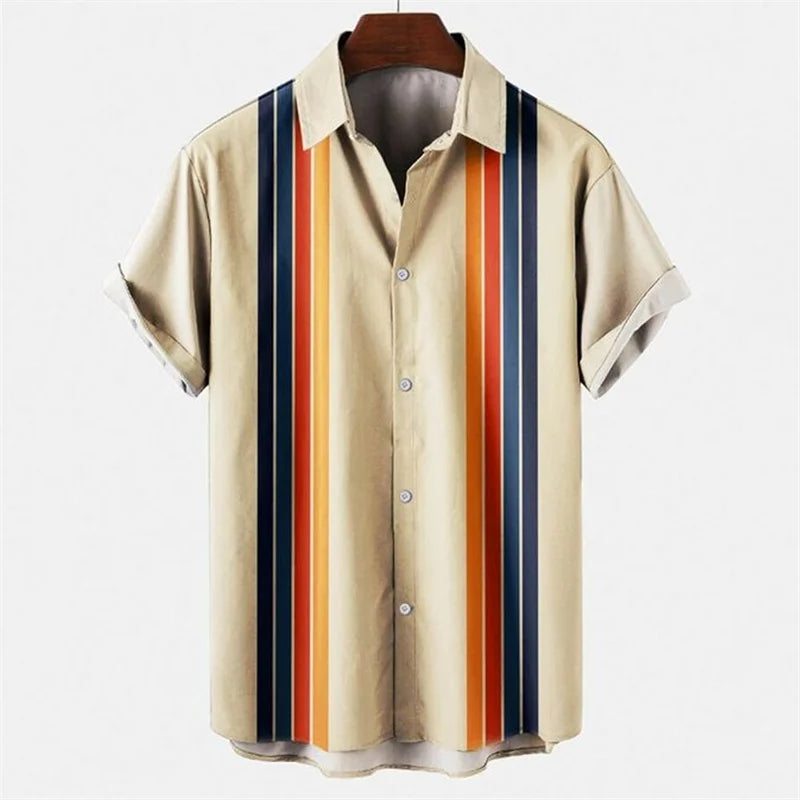 Mens Hawaiian 3d Stripe Print Shirt Harajuku Summer Fashion Short Sleeves Casual Beach Vacation Button Loose Aloha Shirts