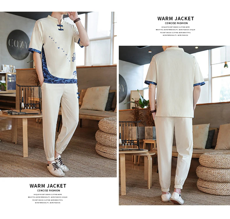 Shirts + Pants summer Cotton linen shorts sleeve shirts Men's Casual Sets Male Fashion trousers and shirts men size M-4XL TZ020