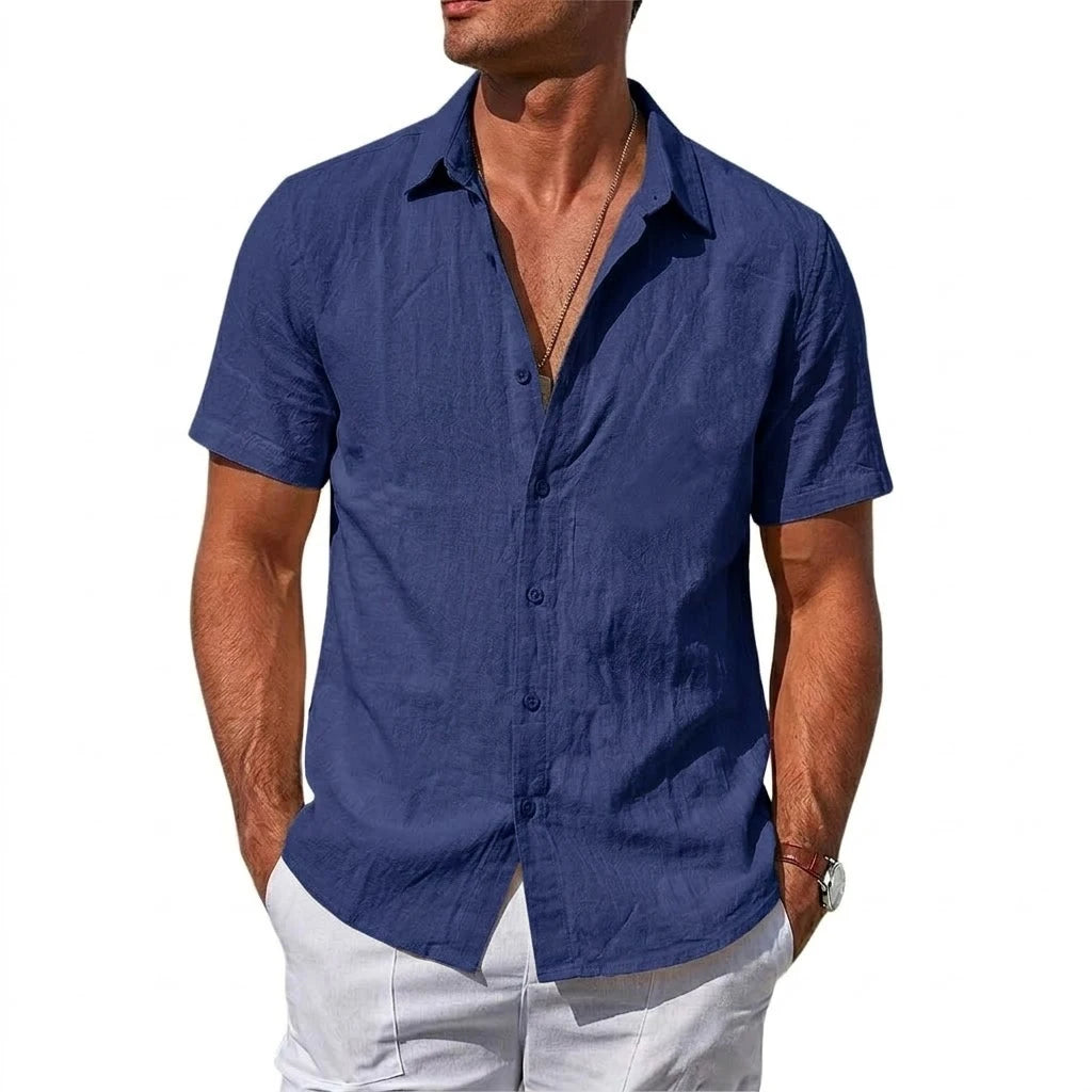 Men's Short Sleeve T-shirt Cotton Linen Shirts Casual Tshirts Man Solid Color Lapel Summer Shirts Male Breathable Hawaiian Shirt