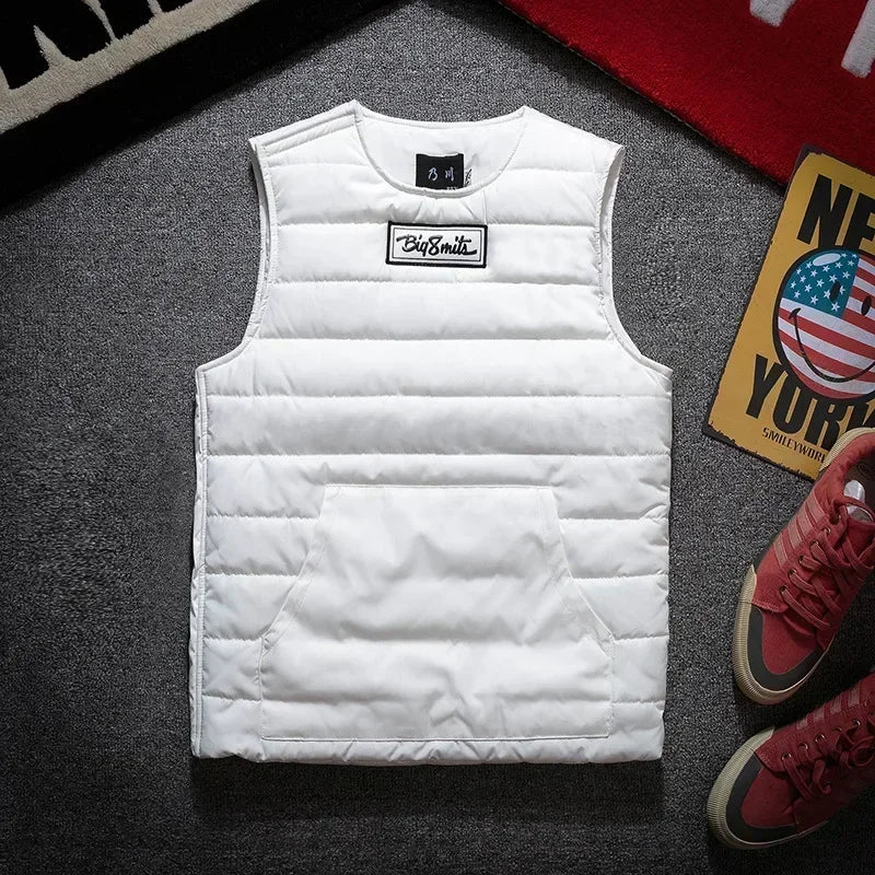 Round Neck Vest Men's Autumn Winter Padded Thickened Thermal Vest Wearing Japanese Fashion Side Zipper Sleeveless Coat Pullover