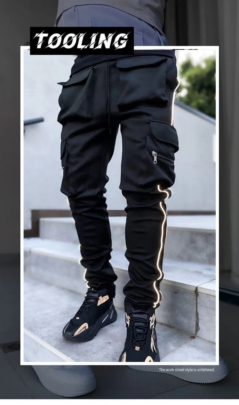 Summer Men's Jogging Sports Pants Multi-Pocket Sweatpants Running Trousers Men's Casual Joggers Cargo Reflective Hip Pop Pants