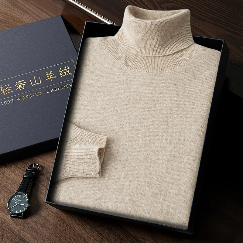 Turtleneck 100% Cashmere Sweater Men Pullover Knitwear Basic Style Autumn Winter Clothes High-end Soft Business Office Tops