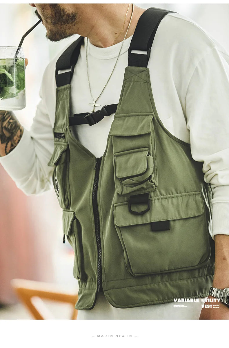 Maden Men Multi-pocket Tactical Vest Jacket & Bag Japan Retro Multi-function Photography Waistcoat Wide Shoulder Strap Solid Bag