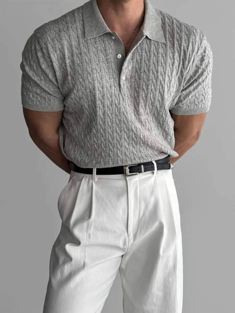 American Style Hard Man Knitted  Shirt Muscle Men Slim Fit Elastic Short Sleeve Turn-down Collar Sweatshirt Tight Sleeve ...