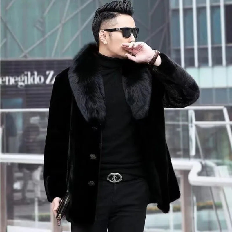 Men Fur Coat Winter Warm Luxury Brand Faux Fur Jacket Black High-end Thick Trench Coat Buttons Long Sleeve Outerwear Jackets New