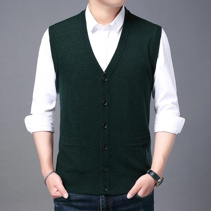 2026 High Quality New Autum Winter Fashion Brand V Neck Knit Korean Vest Christmas Sweater Men Woolen Casual Mens Clothes