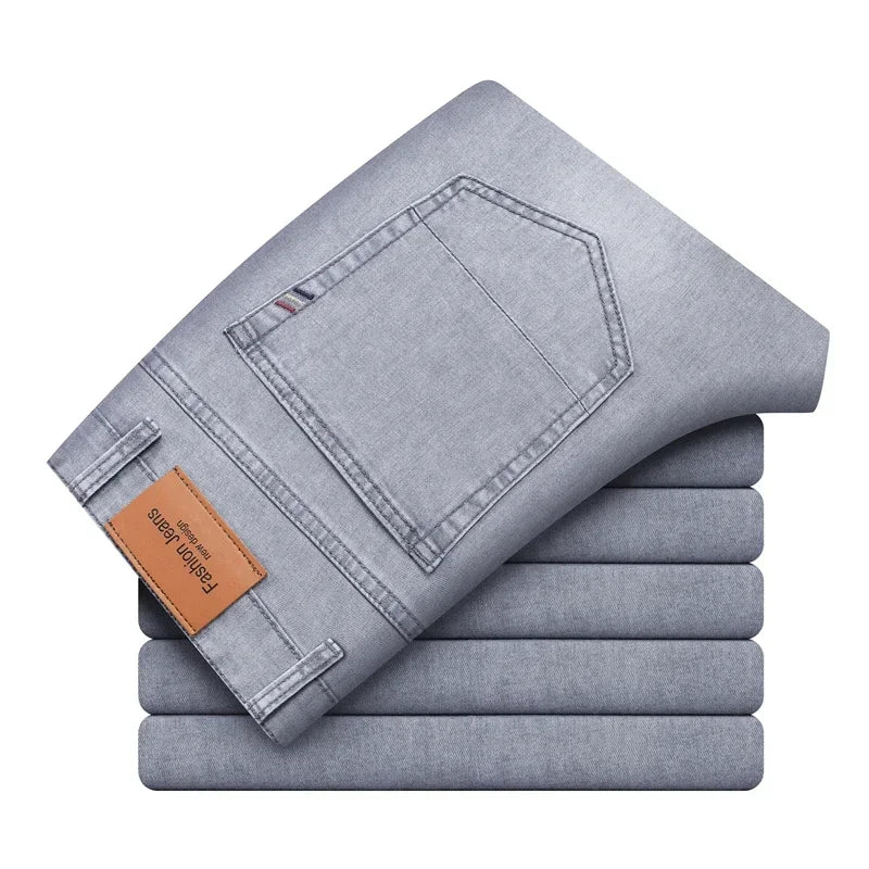 2026 Summer Thin Men's Cotton Jeans New Fashion Gray Elastic Straight Business Casual Pants Comfortable Brand Trousers