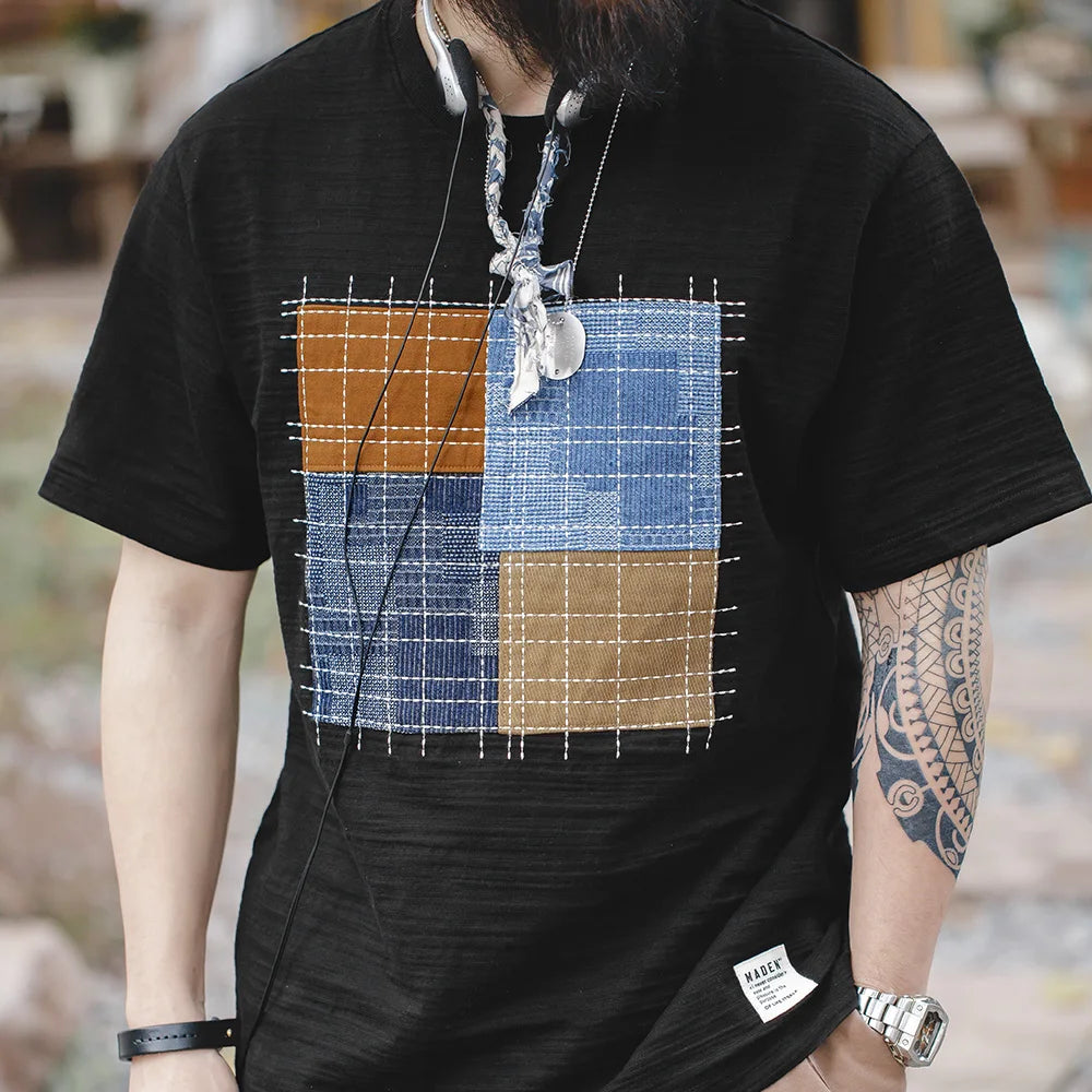 Maden Vintage Color-Block Patchwork Short Sleeve T-Shirt Men's Summer Slub Cotton Breathable Round Neck Tee Casual Street Tops