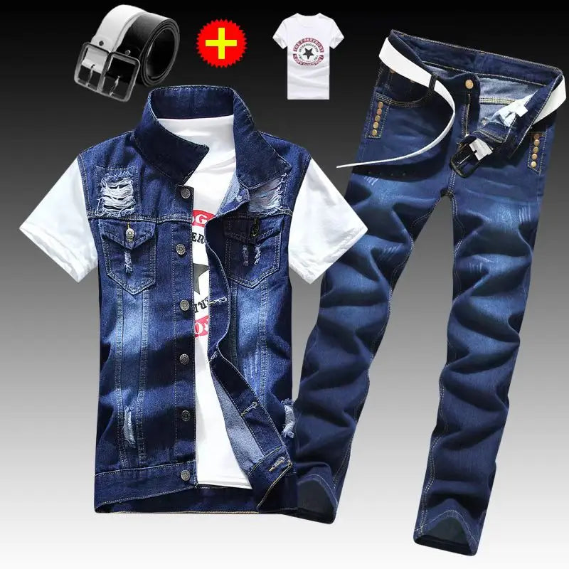 Spring Autumn Mens Thin sleeveless Denim Coat Pencil Pants T-shirts 3pcs Set Jacket Trousers Casual for Male Slim Fit